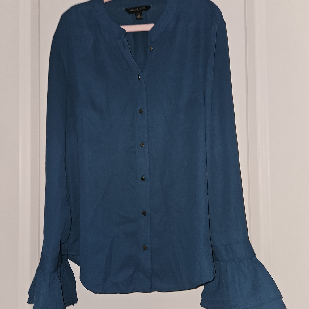 Banana Republic Teal With Gold Button Down Shirt with Ruffled Mandarin Collar